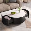 Modern Round Movable Coffee Table with Casters, 2 Drawers, Marble Pattern Sintered Stone Top, Black, 29.5"