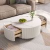 Modern Round Movable Coffee Table with Casters, 2 Drawers, Marble Pattern Sintered Stone Top, White, 29.5"