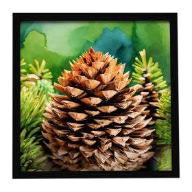 Maine White Pine Cone and Tassels in Watercolor Framed Metal Print Bathroom, Kitchen, Office, Home Decor Wall Art Ready to Hang, Square, 8X8