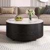 Modern Round Movable Coffee Table with Casters, 2 Drawers, Marble Pattern Sintered Stone Top, Black, 29.5"