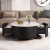 Modern Round Movable Coffee Table with Casters, 2 Drawers, Marble Pattern Sintered Stone Top, Black, 29.5"