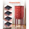 Jewelry Cabinet Armoire, Standing Wood Jewelry Storage Chest with 4 Spacious Drawers, Flip Top Mirror, 4 Top Storage Compartments, Zinc Alloy Handles