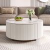 Modern Round Movable Coffee Table with Casters, 2 Drawers, Marble Pattern Sintered Stone Top, White, 29.5"