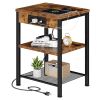 15.7-inch small side table with charging device, coffee table with socket and USB interface, three-layer adjustable storage bedside cabinet